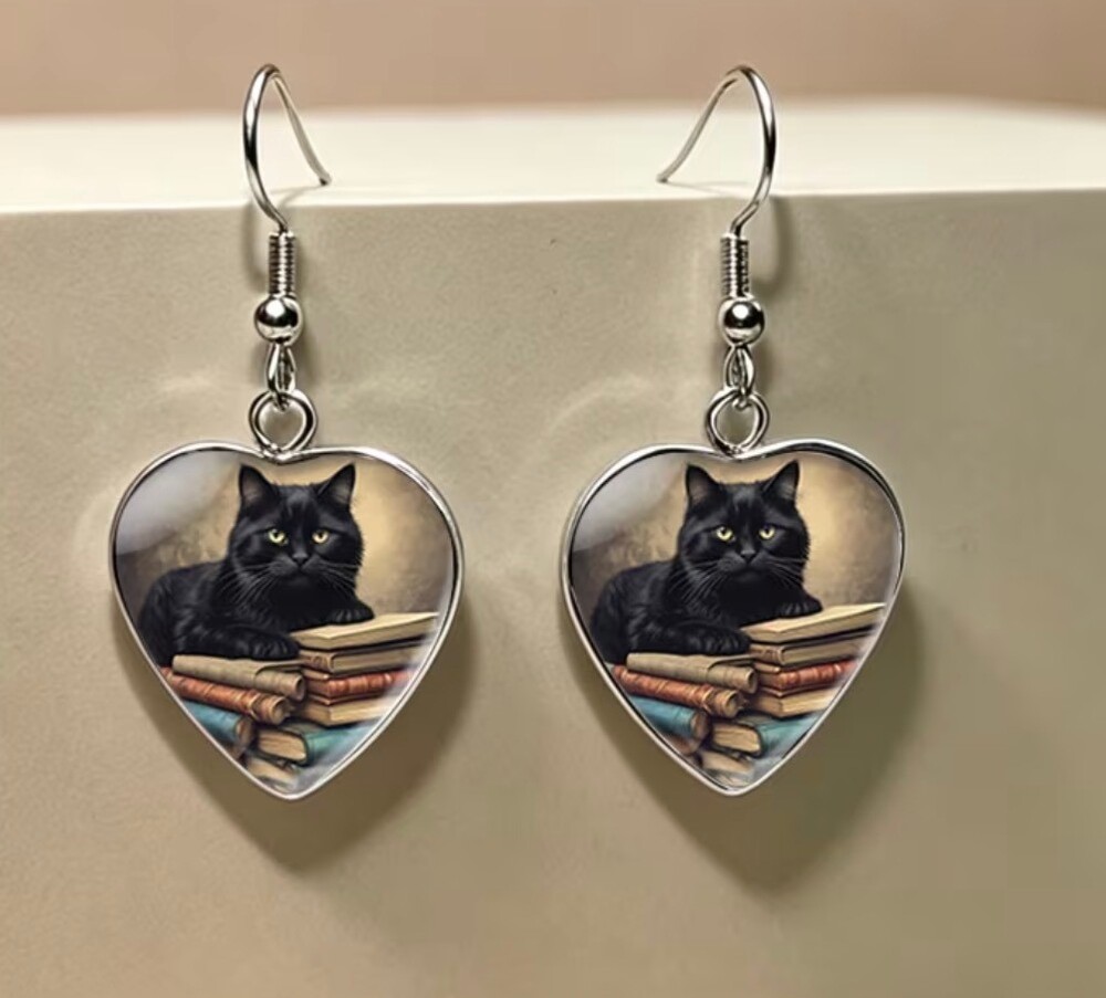 Black Cat Heart Shaped Dangle Earrings Silver Tone